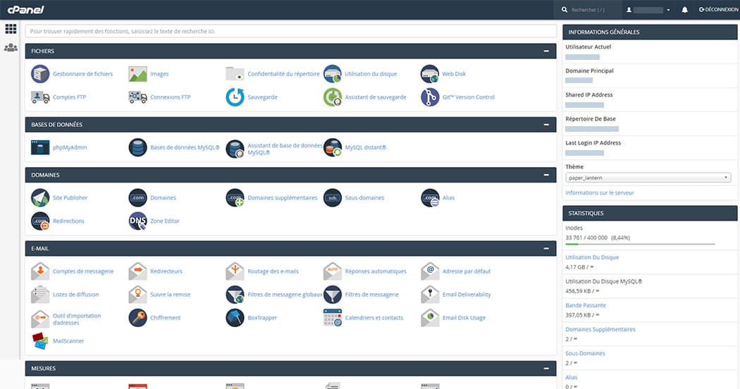 Interface de gestion cPanel simple et intuitive